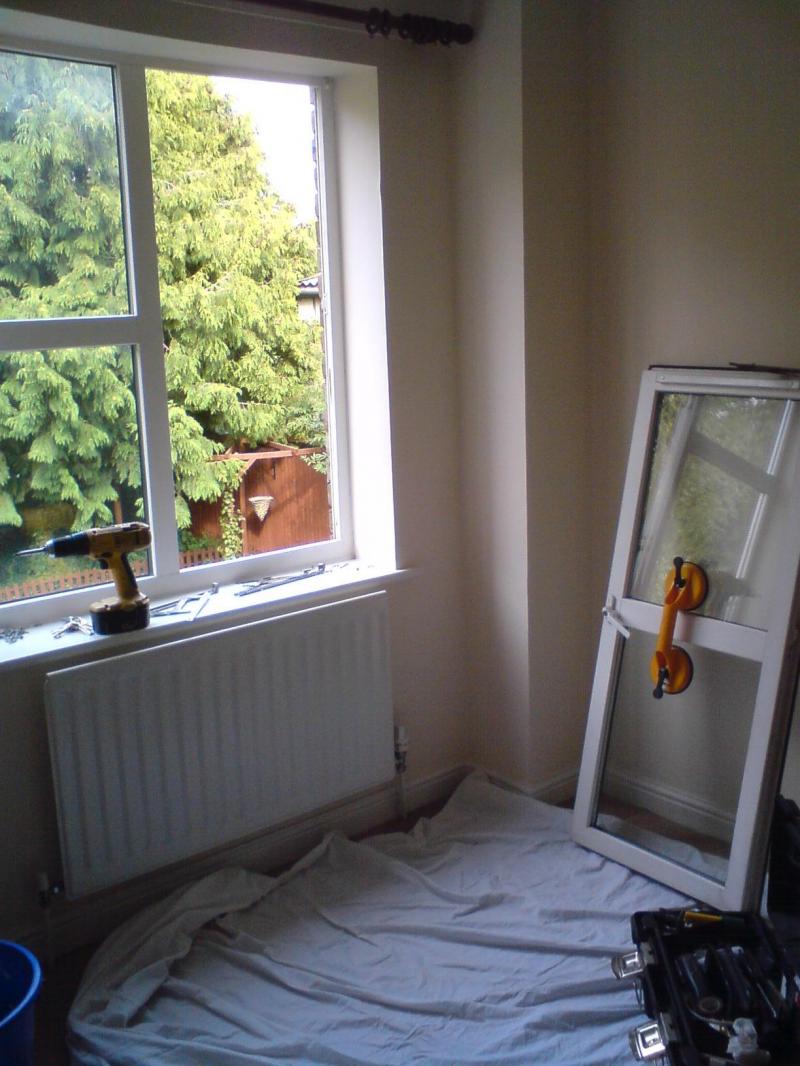 sash removed and new hinges being fitted 
